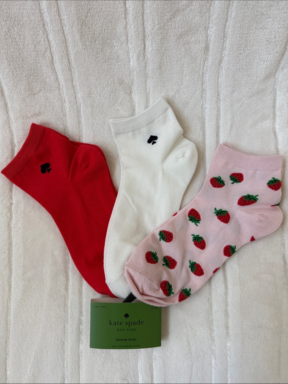 Kate Spade New York 3 Pairs Red, White & Pink Strawberry Ankle Sock Trio